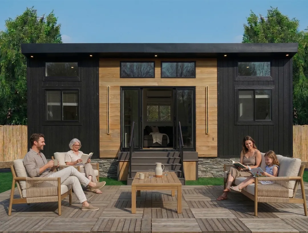 Family relaxing on the patio of a modern cottage
