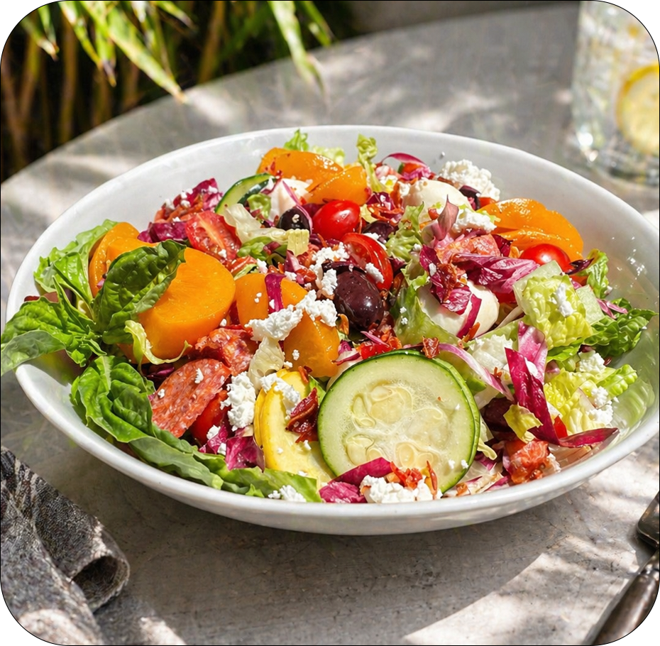 Fresh salad with vegetables and feta at Miss May's