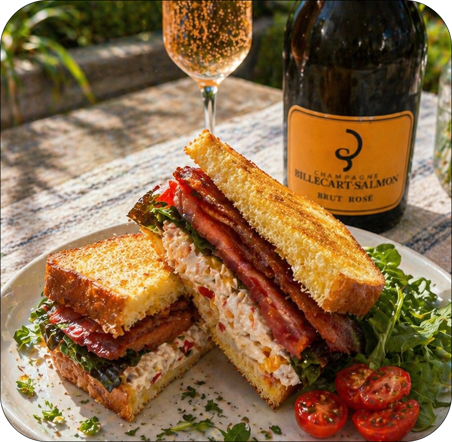 Fried green tomato BLT sandwich with Billecart-Salmon rosé at Miss May's