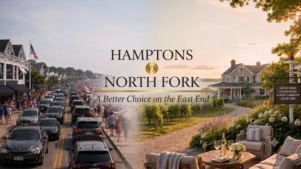 Hamptons vs. North Fork: traffic on a crowded Hamptons street beside a quiet North Fork patio and vineyard