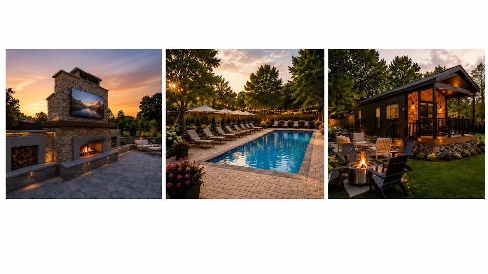 The Living Room fireplace and outdoor TV, the heated pool and a cottage deck at dusk