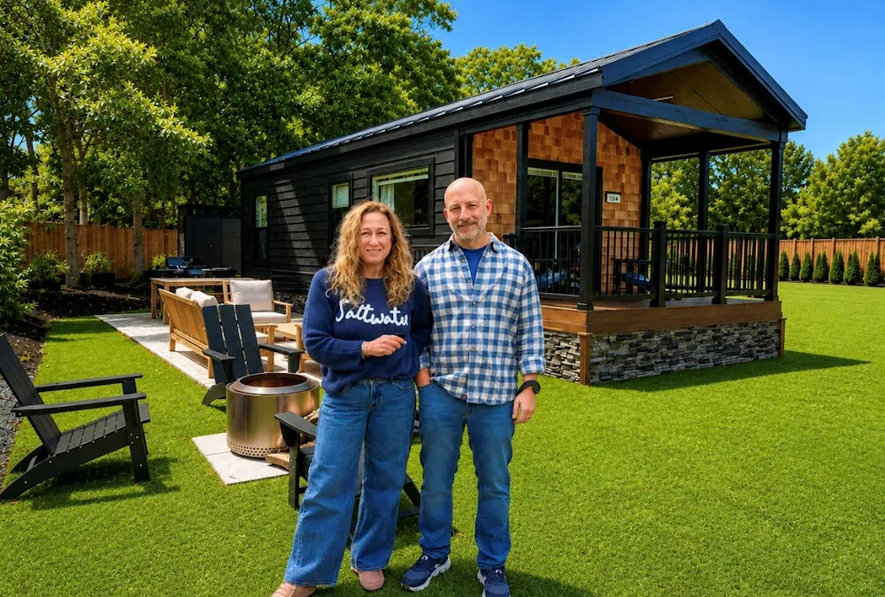Tracey and Jeff Getman in front of their cottage at North Fork Resort