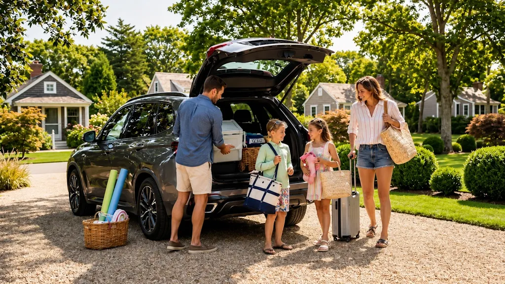 A family packing beach bags and luggage into their SUV for a weekend away