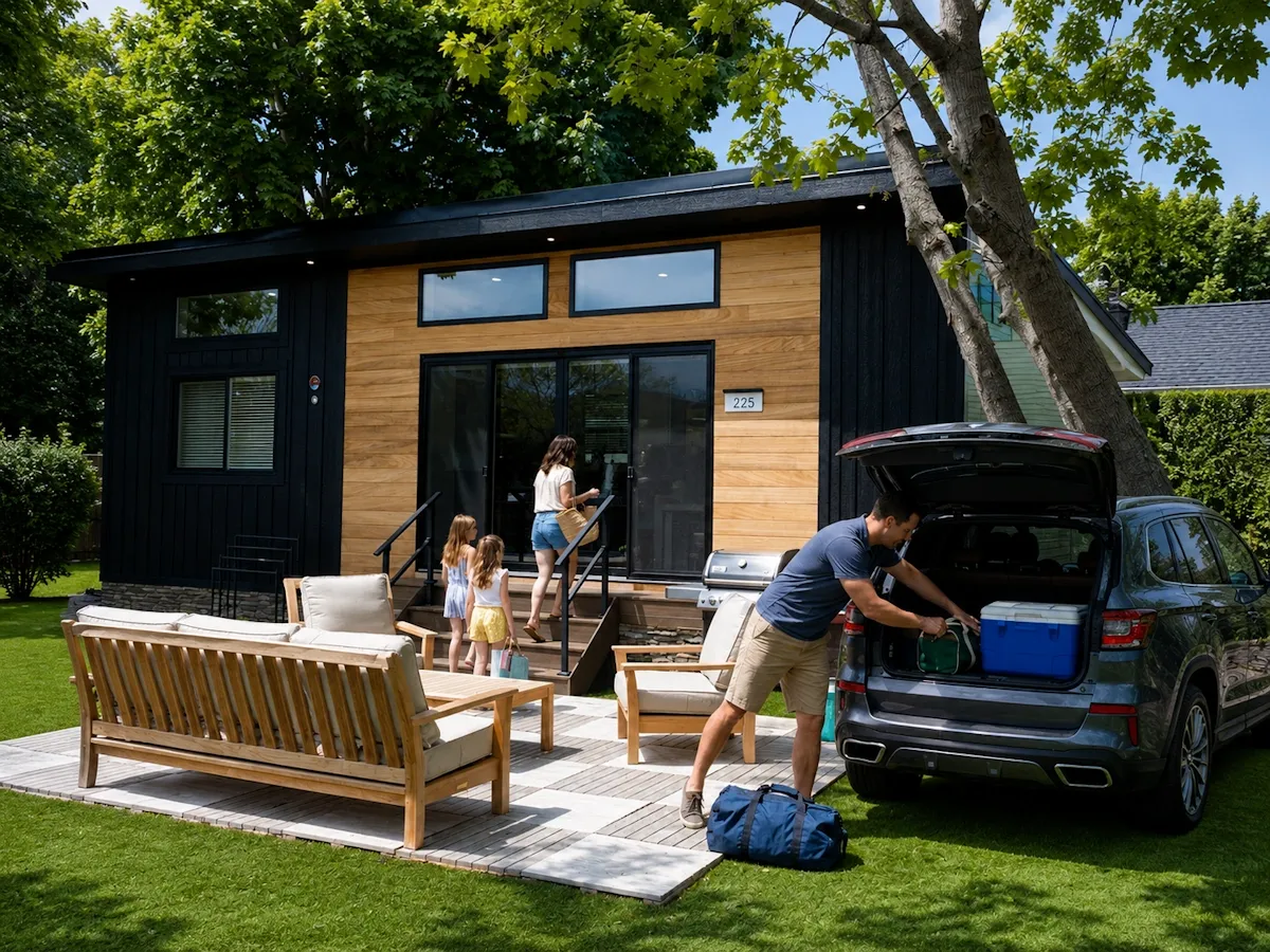 A family unpacking their SUV at a cottage at North Fork Resort