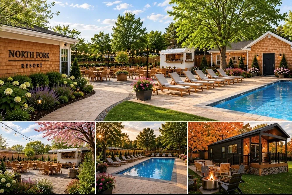 The North Fork Resort pool, patio and cottages through the seasons