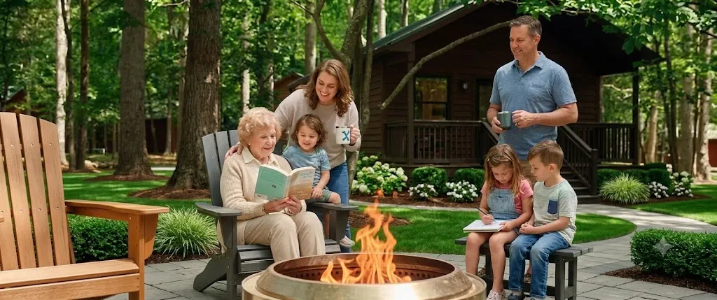 Three generations of a family reading and relaxing around a Solo Stove outside a cottage
