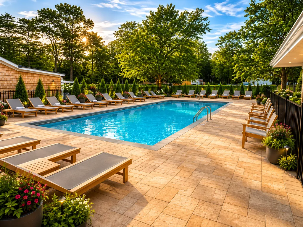 Heated pool at North Fork Resort with lounge chairs on a sunny paver deck