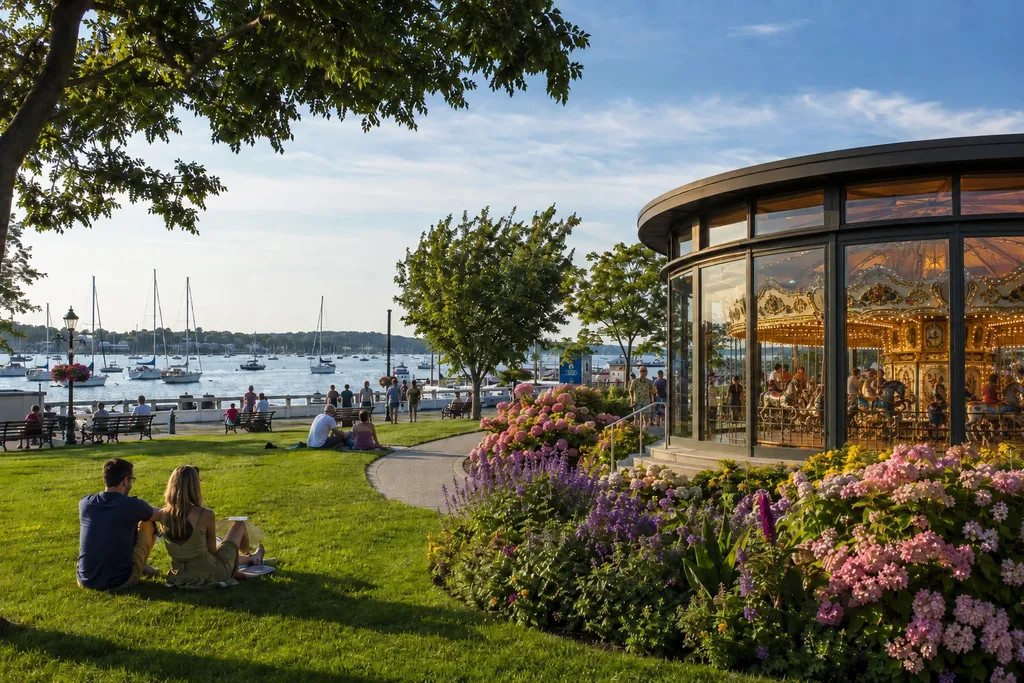 The Greenport Carousel by the harbor, with people relaxing on the lawn in Mitchell Park