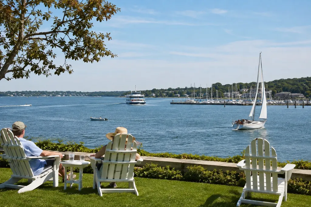Adirondack chairs on a lawn overlooking the harbor and marina in Greenport
