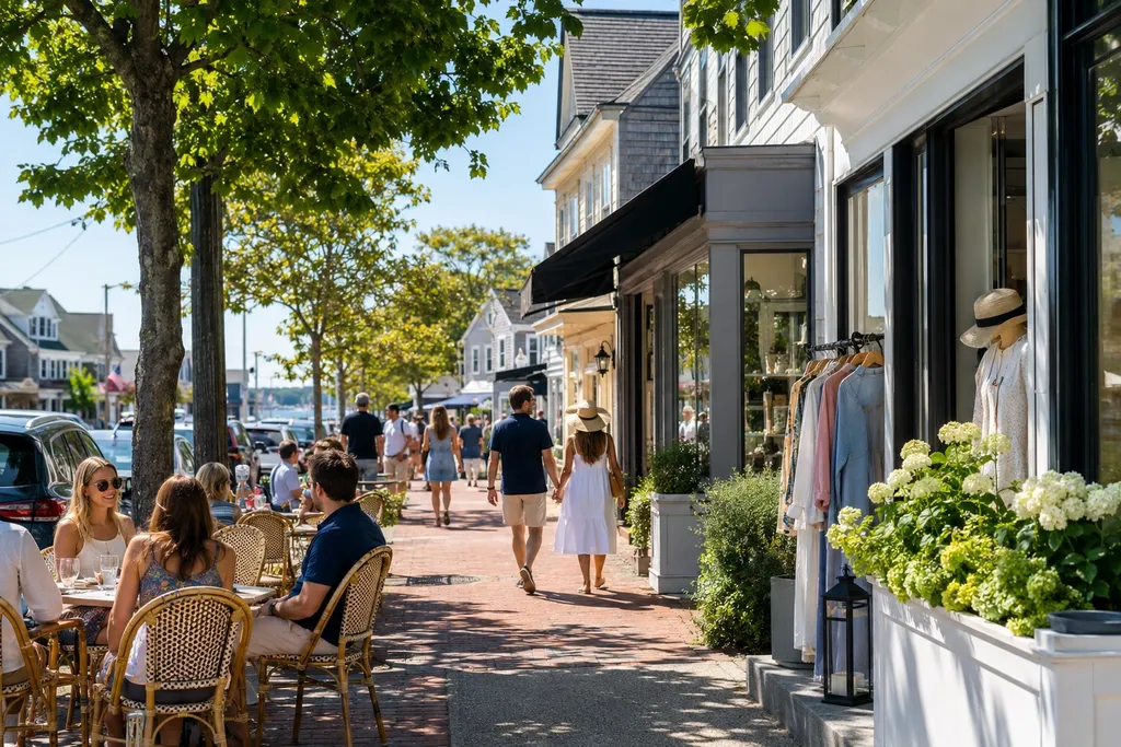 Shops and sidewalk cafés along a street in Greenport village