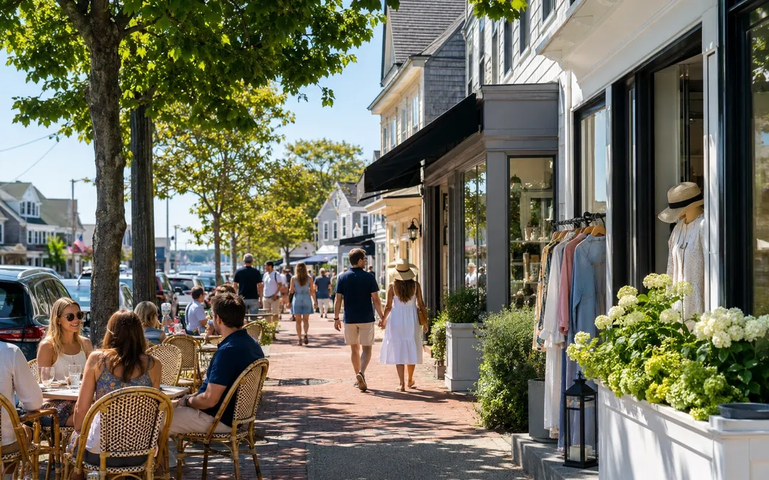 Shops and sidewalk cafés along a street in Greenport village