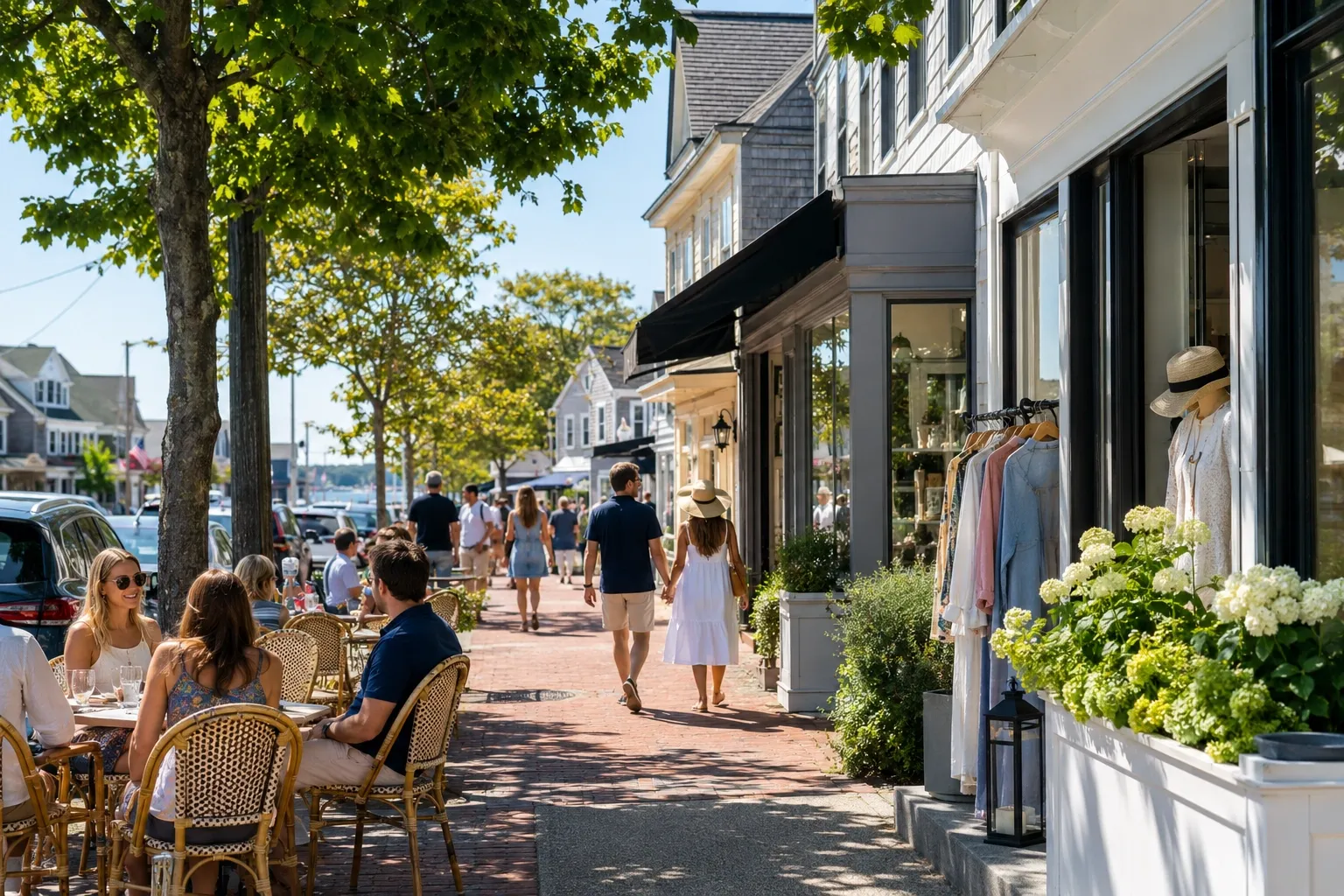 Shops and sidewalk cafés along a street in Greenport village