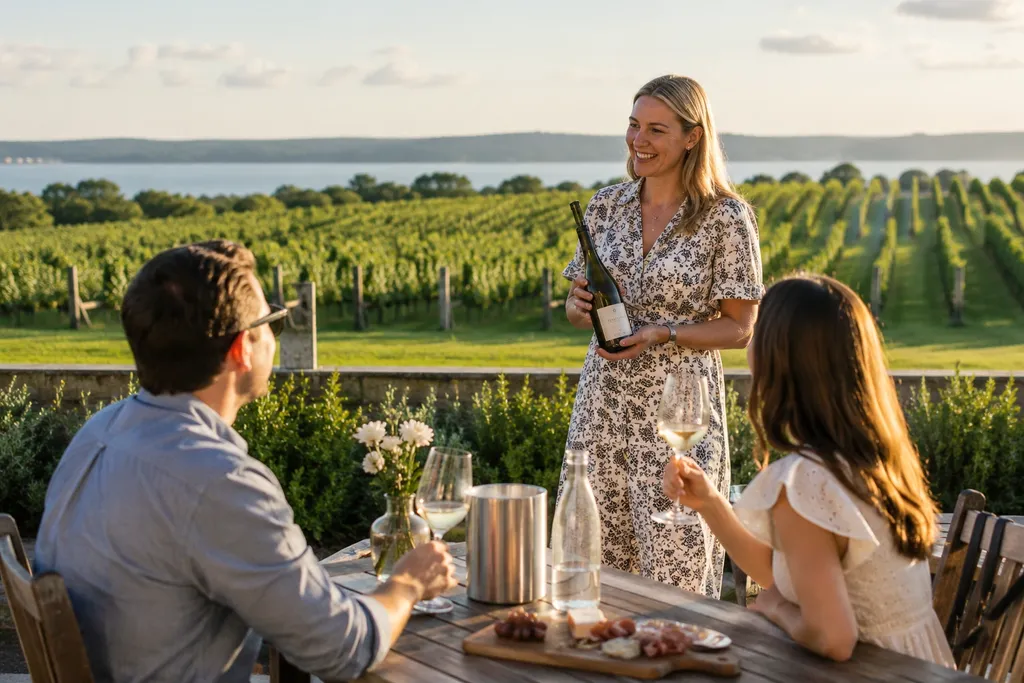 A couple tasting wine on a vineyard patio overlooking the vines