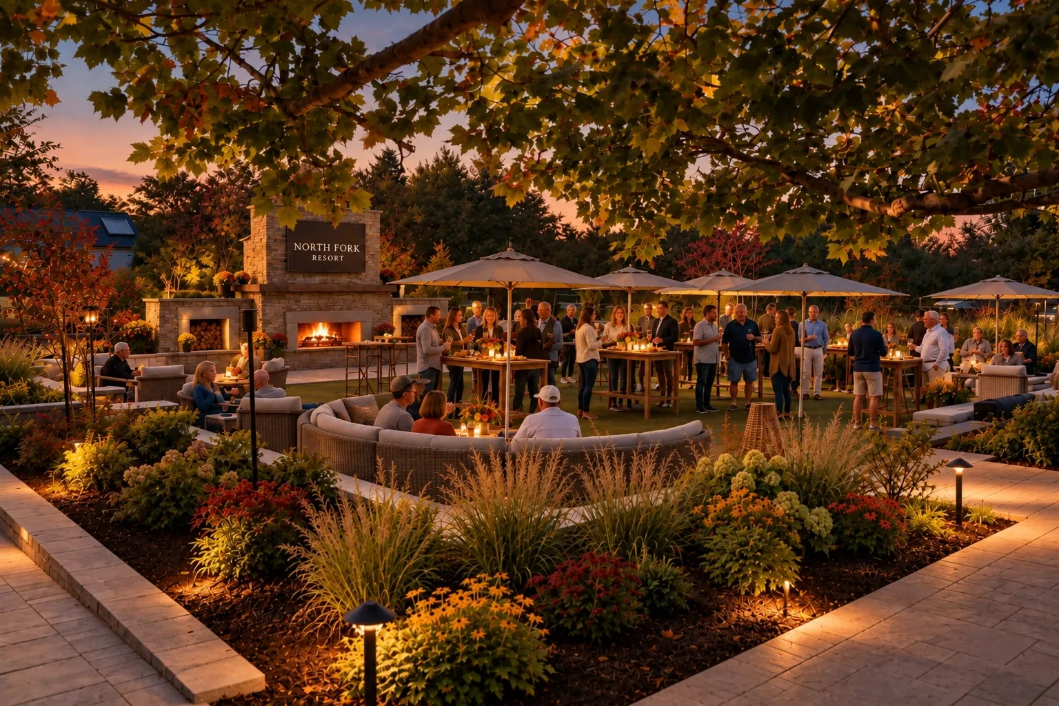 The Outdoor Living Room at North Fork Resort on a fall evening, with guests around the stone fireplace