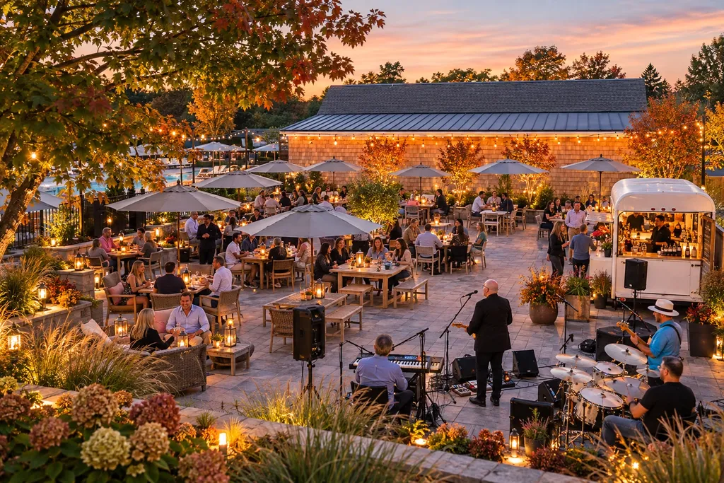 A band playing for guests dining on the Miss May's patio on a fall evening