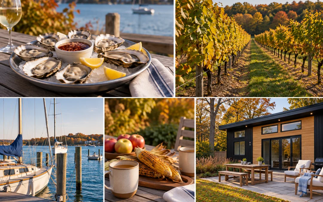 Fall on the North Fork: oysters by the harbor, vineyards in autumn color, sailboats, apples and corn, and a cottage at North Fork Resort