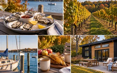 Fall on the North Fork: oysters by the harbor, vineyards in autumn color, sailboats, apples and corn, and a cottage at North Fork Resort