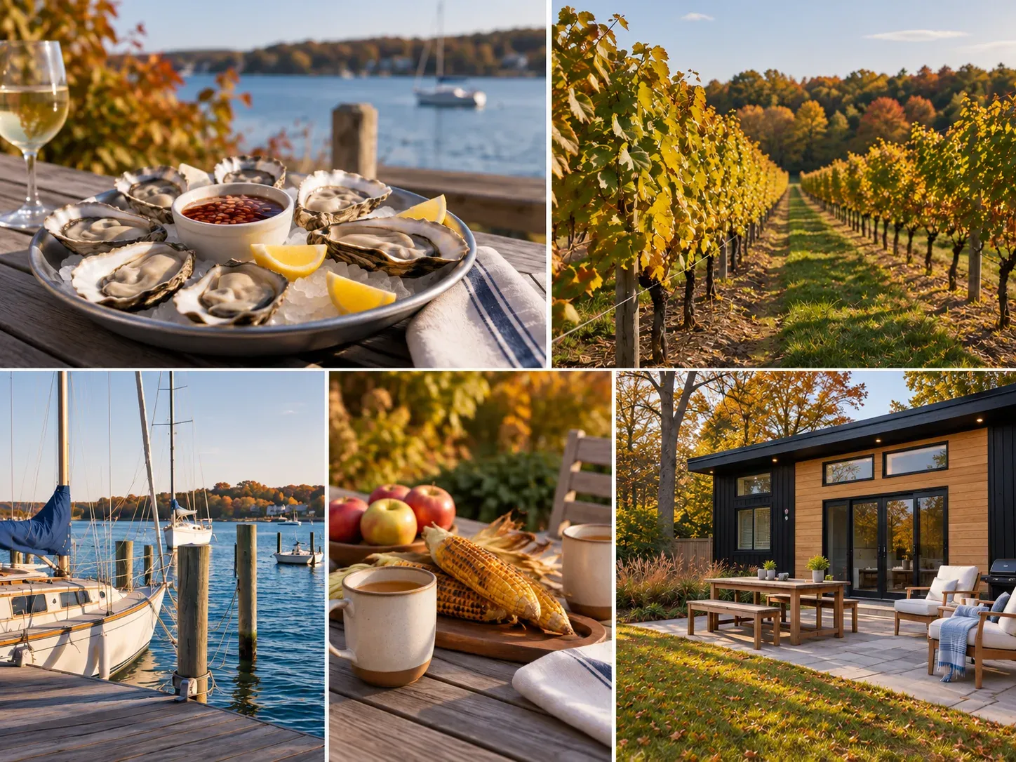 Fall on the North Fork: oysters by the harbor, vineyards in autumn color, sailboats, apples and corn, and a cottage at North Fork Resort