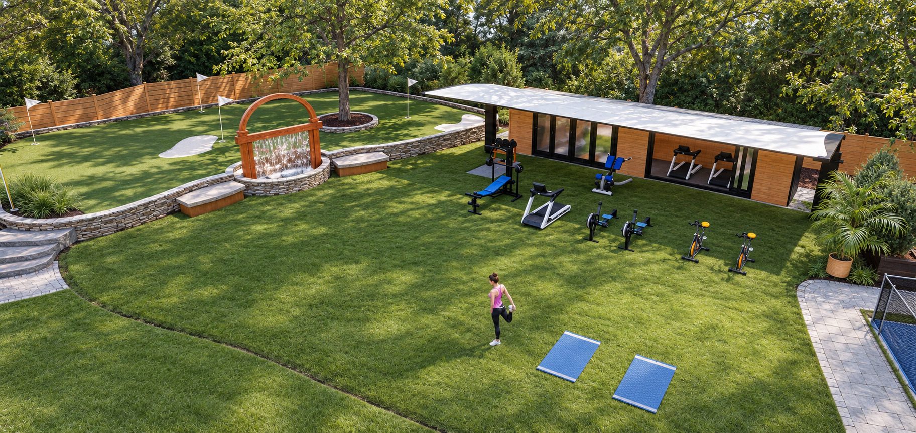 Visualization of the planned outdoor and indoor fitness area beside the putting green