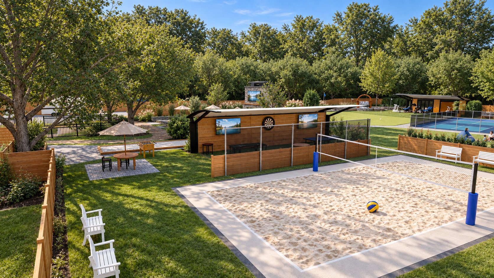 Visualization of the planned sand volleyball court and covered game area