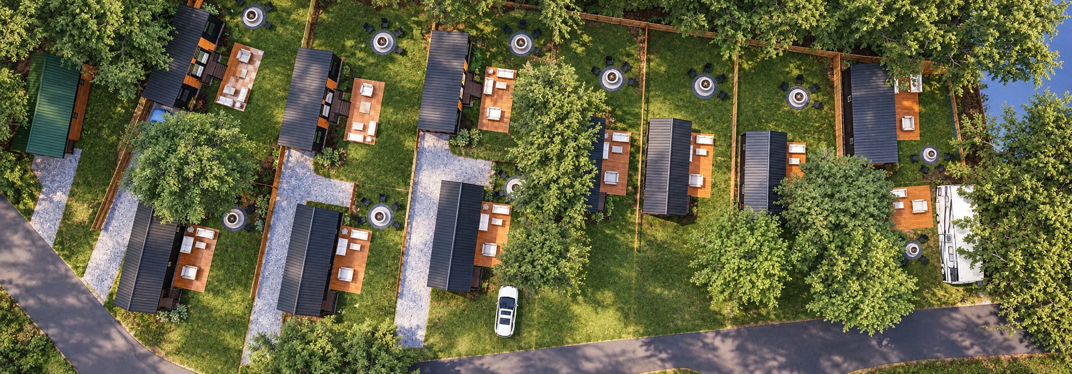 Visualization of planned Phase 3 Resort Lots with cottages, patios and outdoor seating
