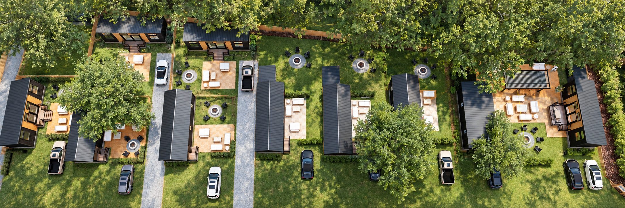 Visualization of a row of planned Phase 3 Resort Lots with cottages and parking