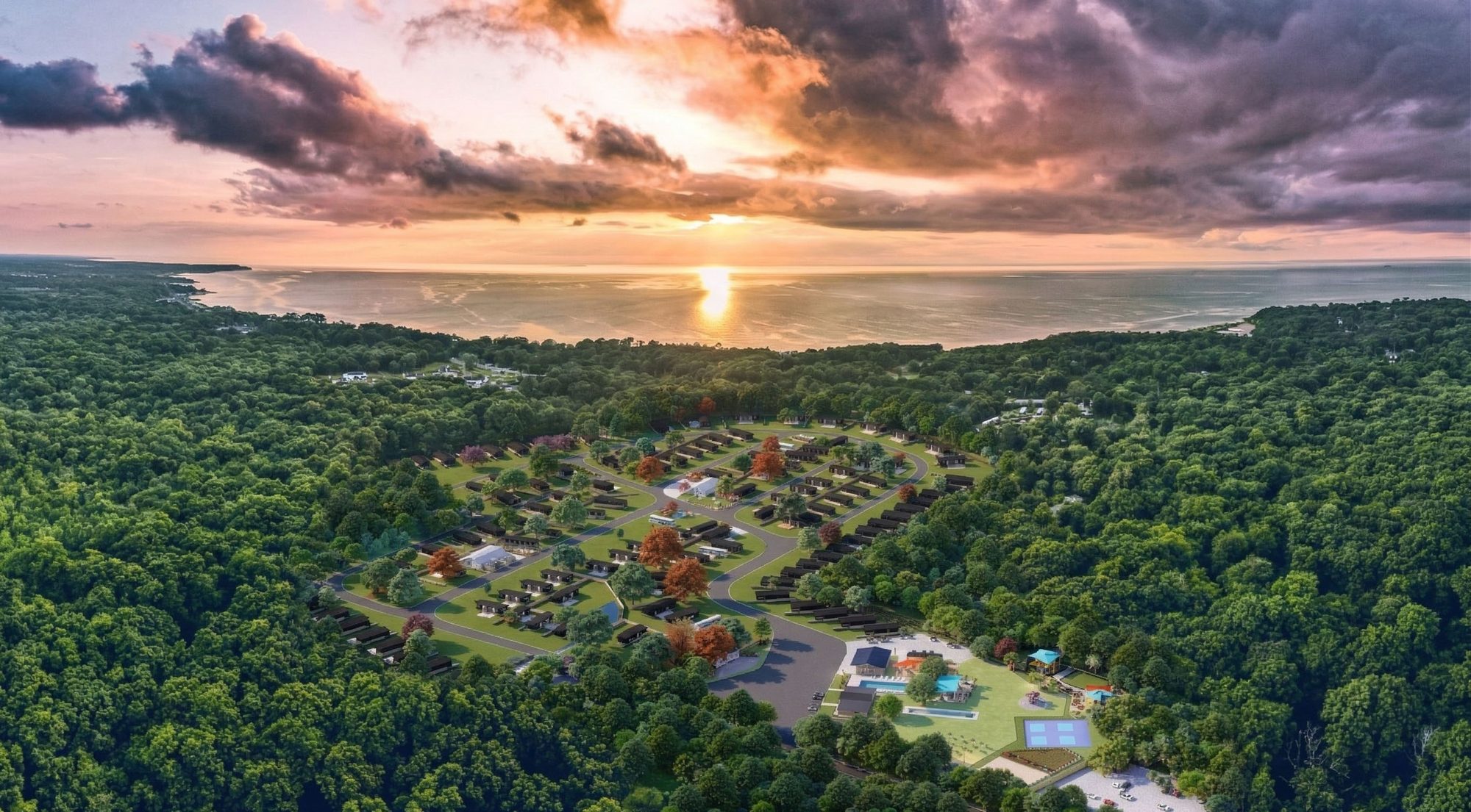 Rendering of North Fork Resort from above at sunset, with the Resort Lots, cottages and amenities among the trees and the Long Island Sound beyond